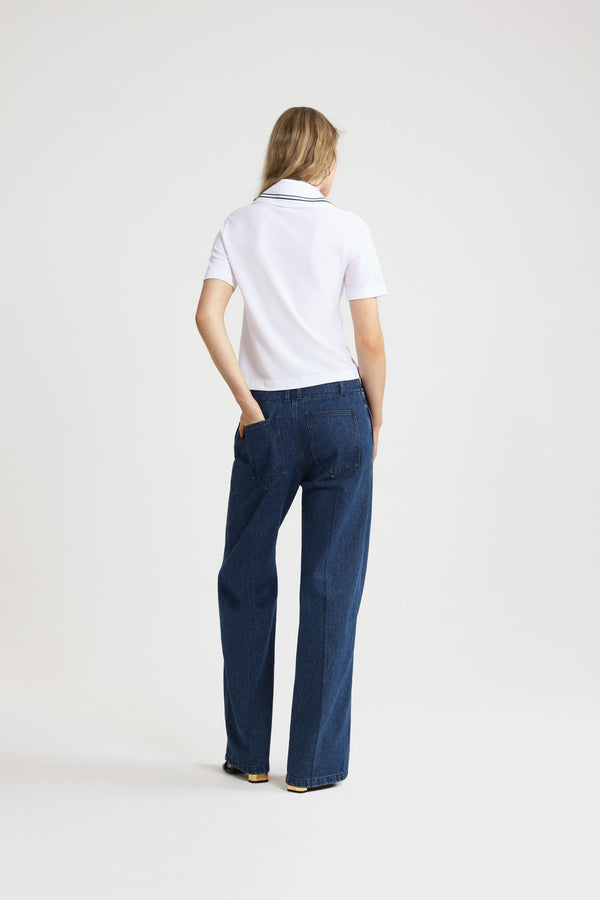 Patou - JP monogram embroidery polo shirt in piqué organic cotton - White - White piqué organic cotton polo shirt. Embroidered stripes on the collar. Embroidered JP calligraphy monogram at the chest.