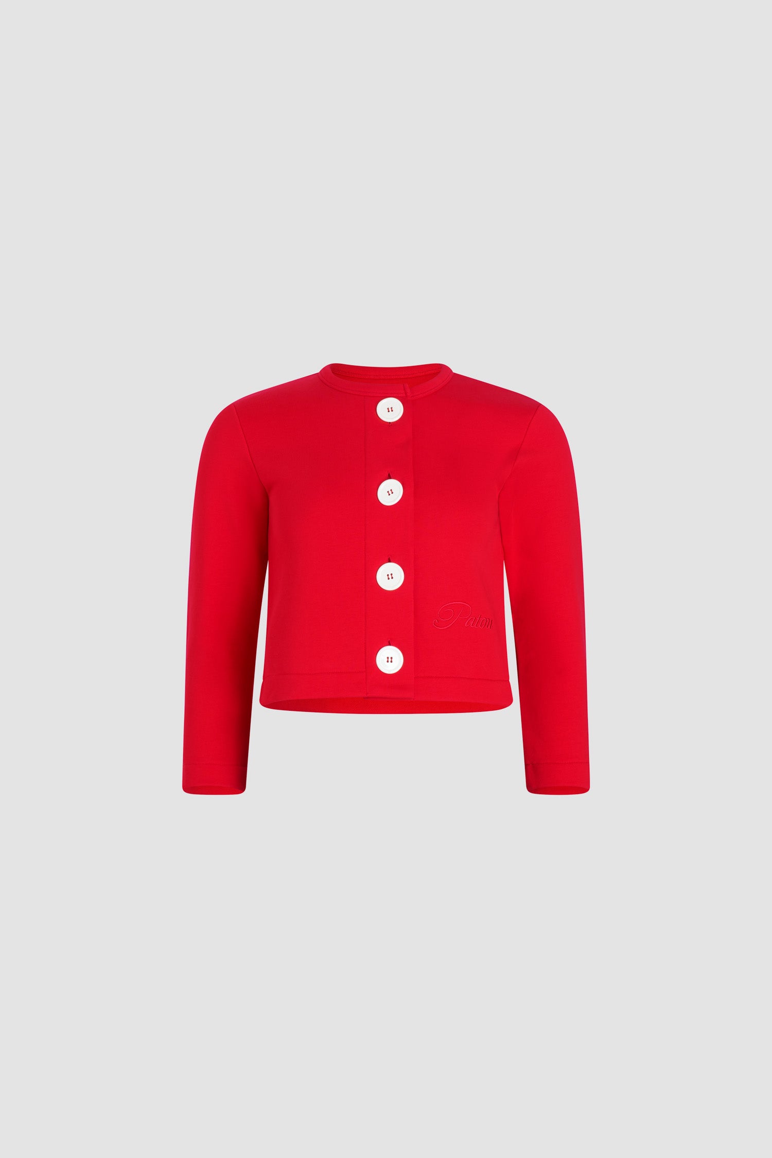 Patou - Geknöpfter Cardigan aus Bio-Baumwolle - Lipstick Red - Knallroter Cardigan aus Bio-Baumwolle. Gekürzte Länge. Rundhalsausschnitt. Große weiße Knöpfe vorne. Aufgesticktes Patou Logo vorne.