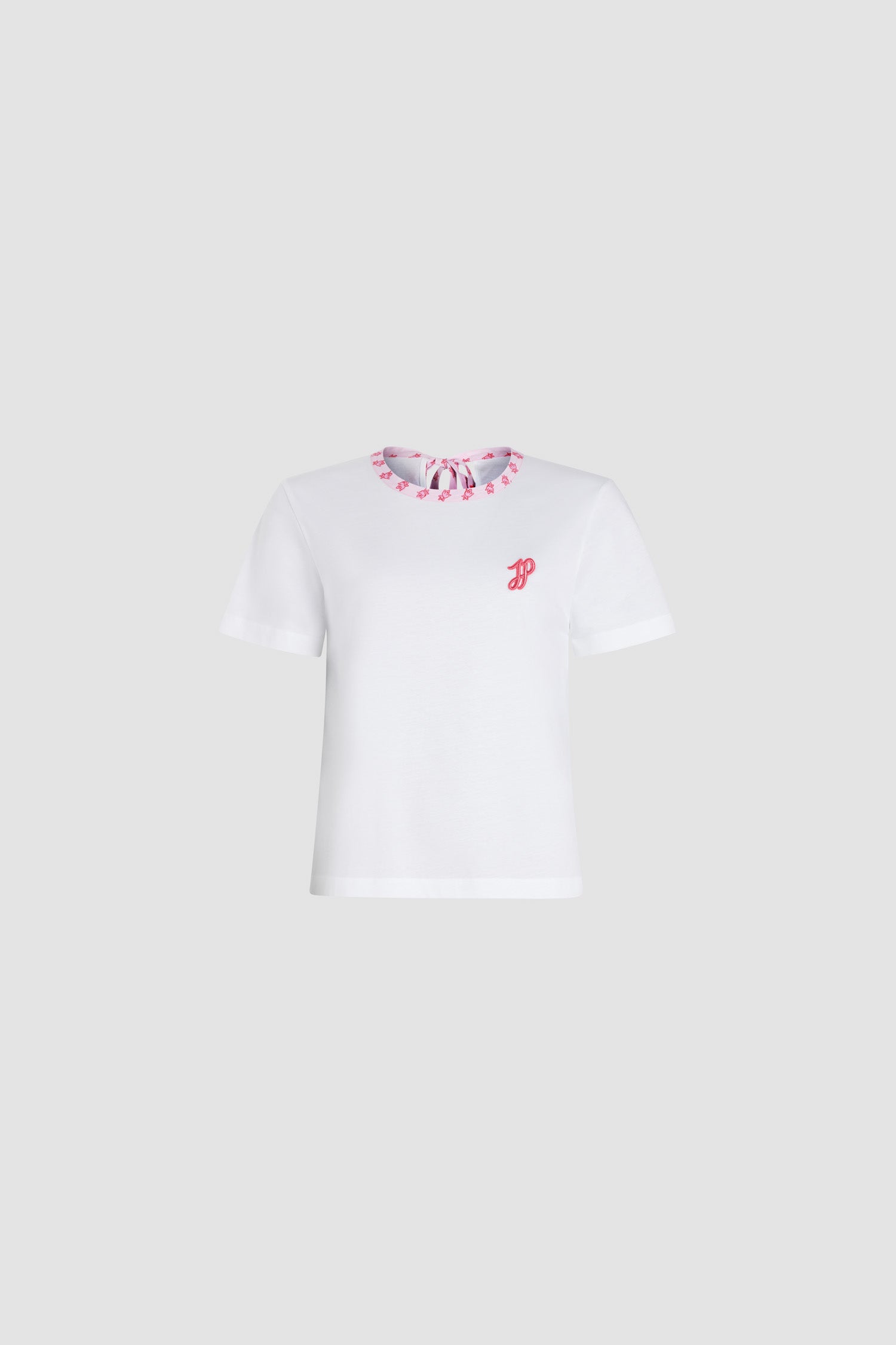 Patou - Maglietta con collo a contrasto in cotone bio - Small Provence Pink - Maglietta in cotone bio bianco. Nastro rosa da allacciare sul retro, stampato con una fantasia in stile provenzale. Monogramma JP calligrafia ricamato sul petto. Apertura sul retro.