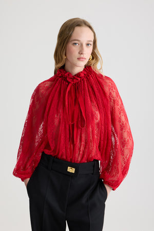 Iconic drawstring top in lace jersey
