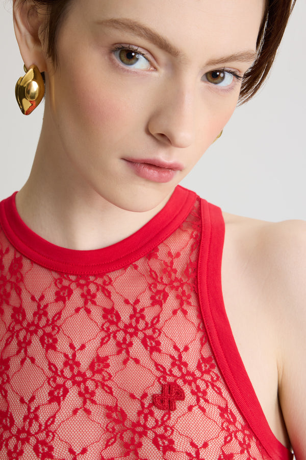 Patou - Canotta in jersey di pizzo - Babylone Red - Canotta in jersey di pizzo Babylone Red. Modello aderente. Collo e giromanica a costine.