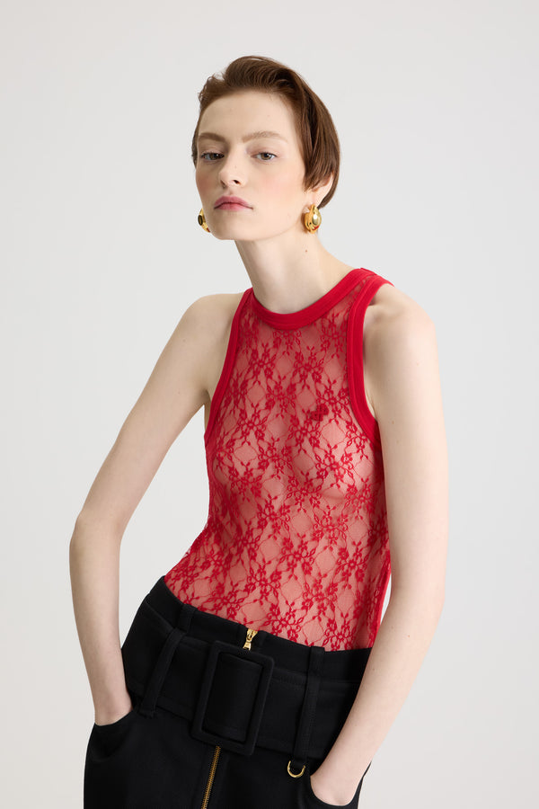 Patou - Canotta in jersey di pizzo - Babylone Red - Canotta in jersey di pizzo Babylone Red. Modello aderente. Collo e giromanica a costine.