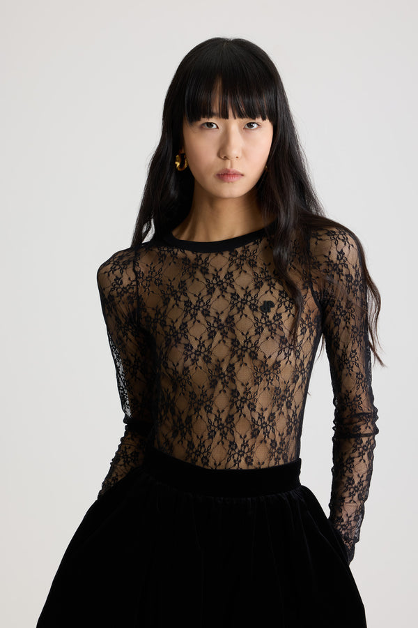 Patou - Second skin top in lace jersey - Black - Black lace jersey top. Second skin silhouette. Ribbed collar.