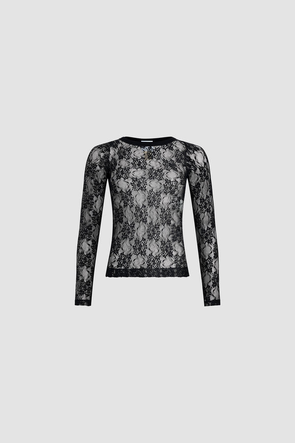 Patou - Top seconda pelle in jersey di pizzo - Black - Top in jersey di pizzo nero. Silhouette seconda pelle. Collo a costine.