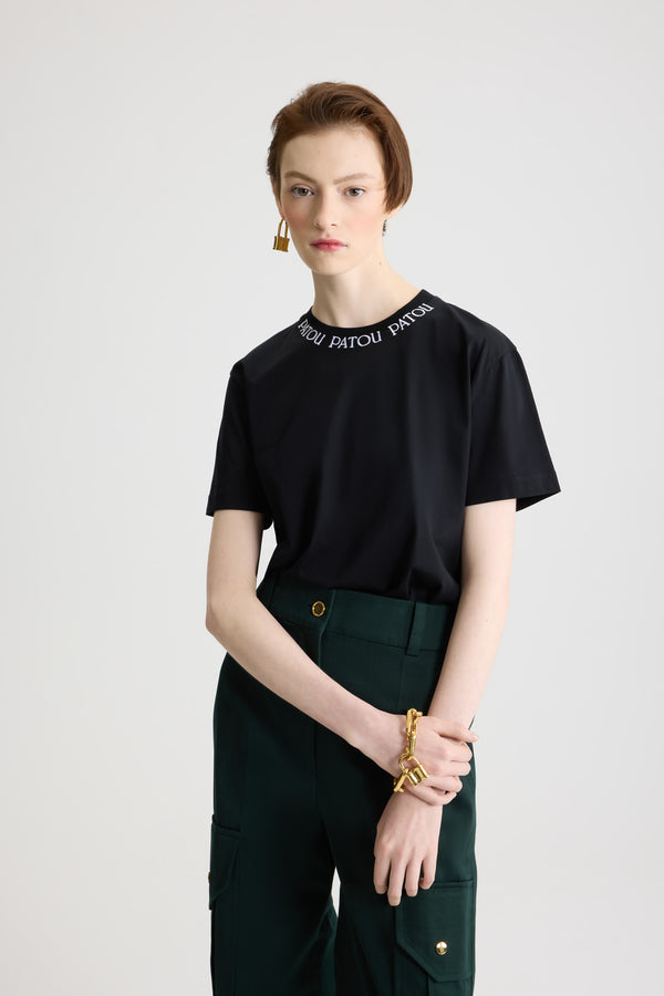 Patou - Patou logo embroidered t-shirt in organic cotton - Black - Black organic cotton t-shirt. Regular fit. Crewneck with embroidered Patou logo.