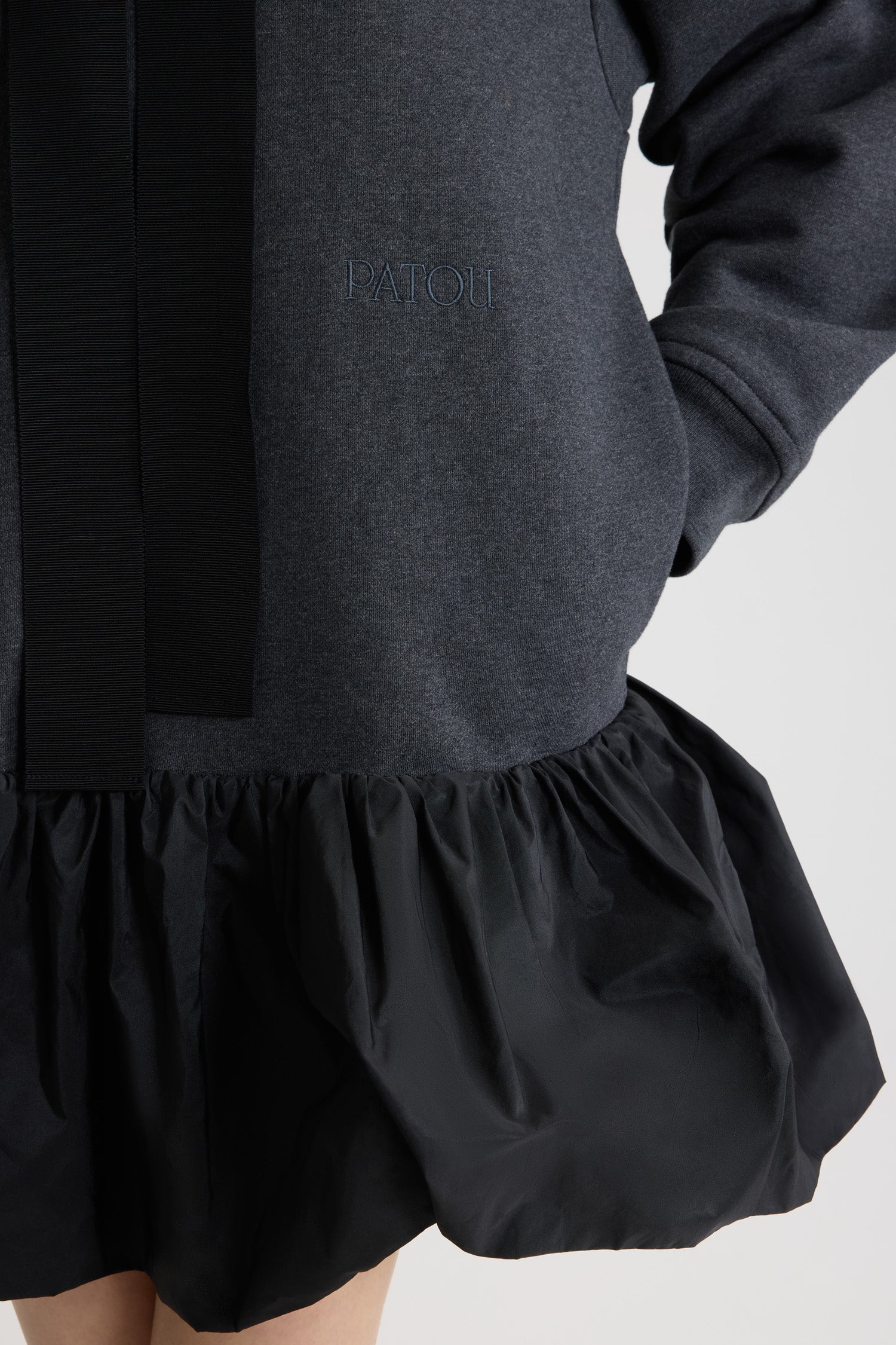 Patou - Ruffle hem hoodie dress in organic cotton and faille - Mercury - Mercury grey organic cotton hoodie. Contrast hem with a polyester faille ruffle. Hooded collar with grosgrain drawstring. Embroidered Patou logo at the front. Ribbed cuffs.