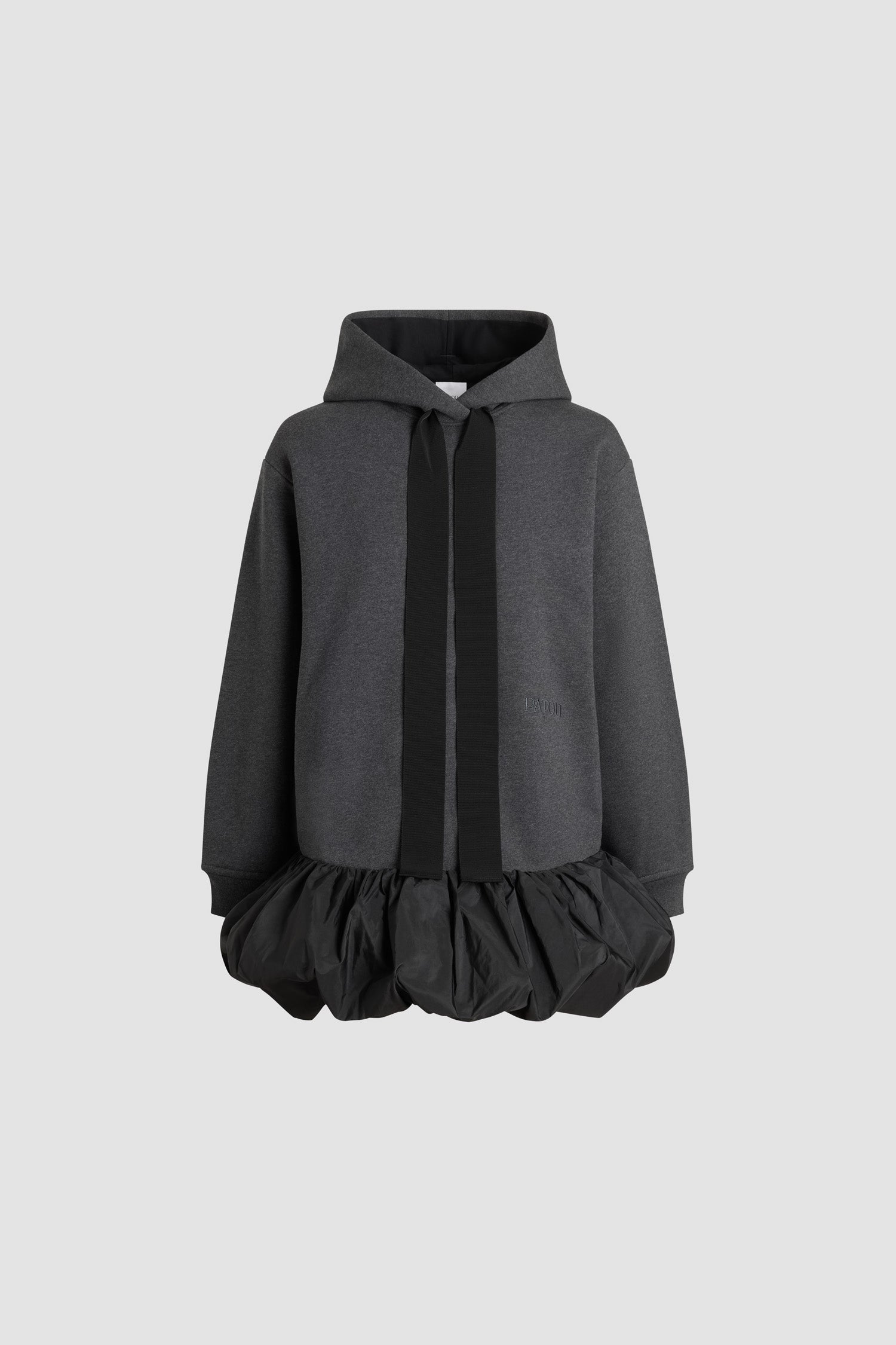 Patou - Ruffle hem hoodie dress in organic cotton and faille - Mercury - Mercury grey organic cotton hoodie. Contrast hem with a polyester faille ruffle. Hooded collar with grosgrain drawstring. Embroidered Patou logo at the front. Ribbed cuffs.