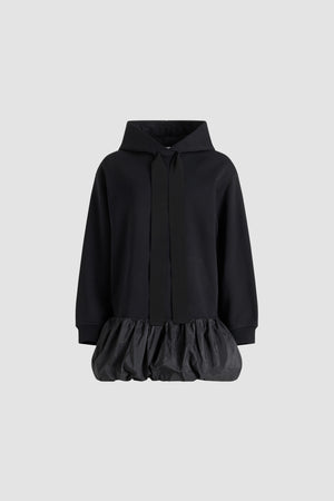 Ruffle hem hoodie dress in organic cotton and faille