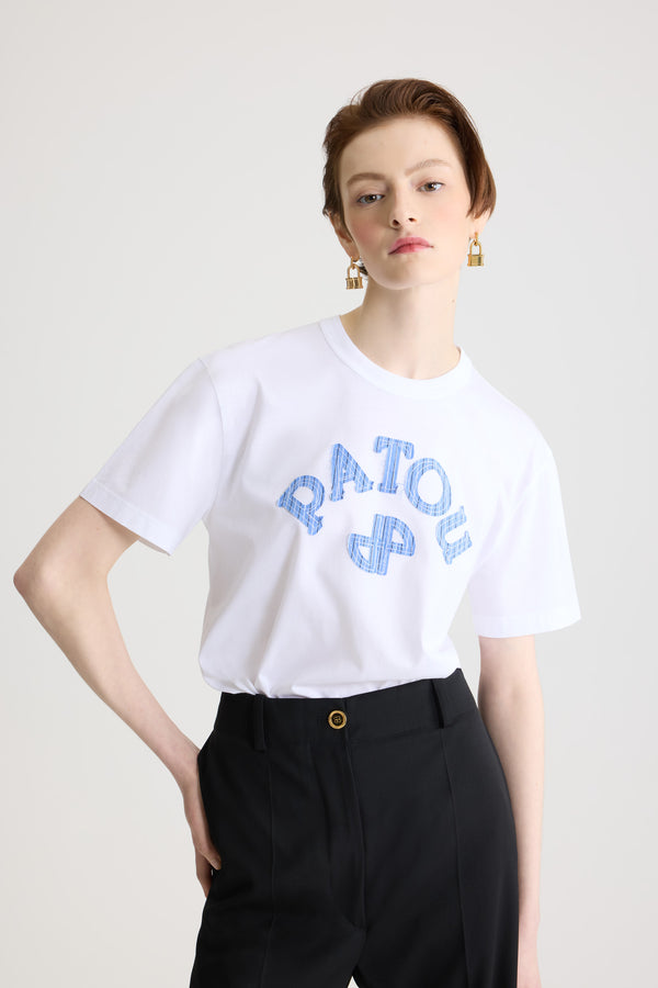 Patou - Poplin Patou logo and JP monogram t-shirt in organic cotton - White - White organic cotton t-shirt. Crewneck. Striped poplin Patou logo and JP monogram at the front.