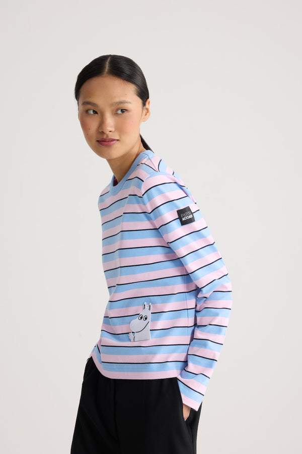 Patou - Patou x Moomin 長袖オーガニックコットンTシャツ - Moomin Stripes - Patou x Moomin が贈る、心温まるホリデーコレクション。オーガニックコットン100%の長袖Tシャツは、着心地の良さが魅力。ムーミンの刺繍が、いつものスタイルに遊び心とノスタルジーをプラスします。ユニセックスクーペ （男性用はワンサイズ上をお選ください）。
