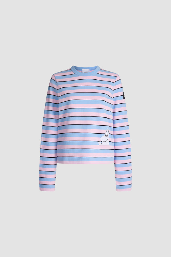 Patou - Patou x Moomin 長袖オーガニックコットンTシャツ - Moomin Stripes - Patou x Moomin が贈る、心温まるホリデーコレクション。オーガニックコットン100%の長袖Tシャツは、着心地の良さが魅力。ムーミンの刺繍が、いつものスタイルに遊び心とノスタルジーをプラスします。ユニセックスクーペ （男性用はワンサイズ上をお選ください）。