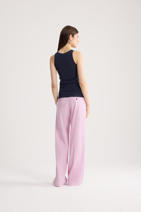 Patou - Organic cotton embroidered tank top - Deep Sea Blue - Navy blue embroidered tank top. Ribbed knit. Pink embroidered Patou logo on the front.