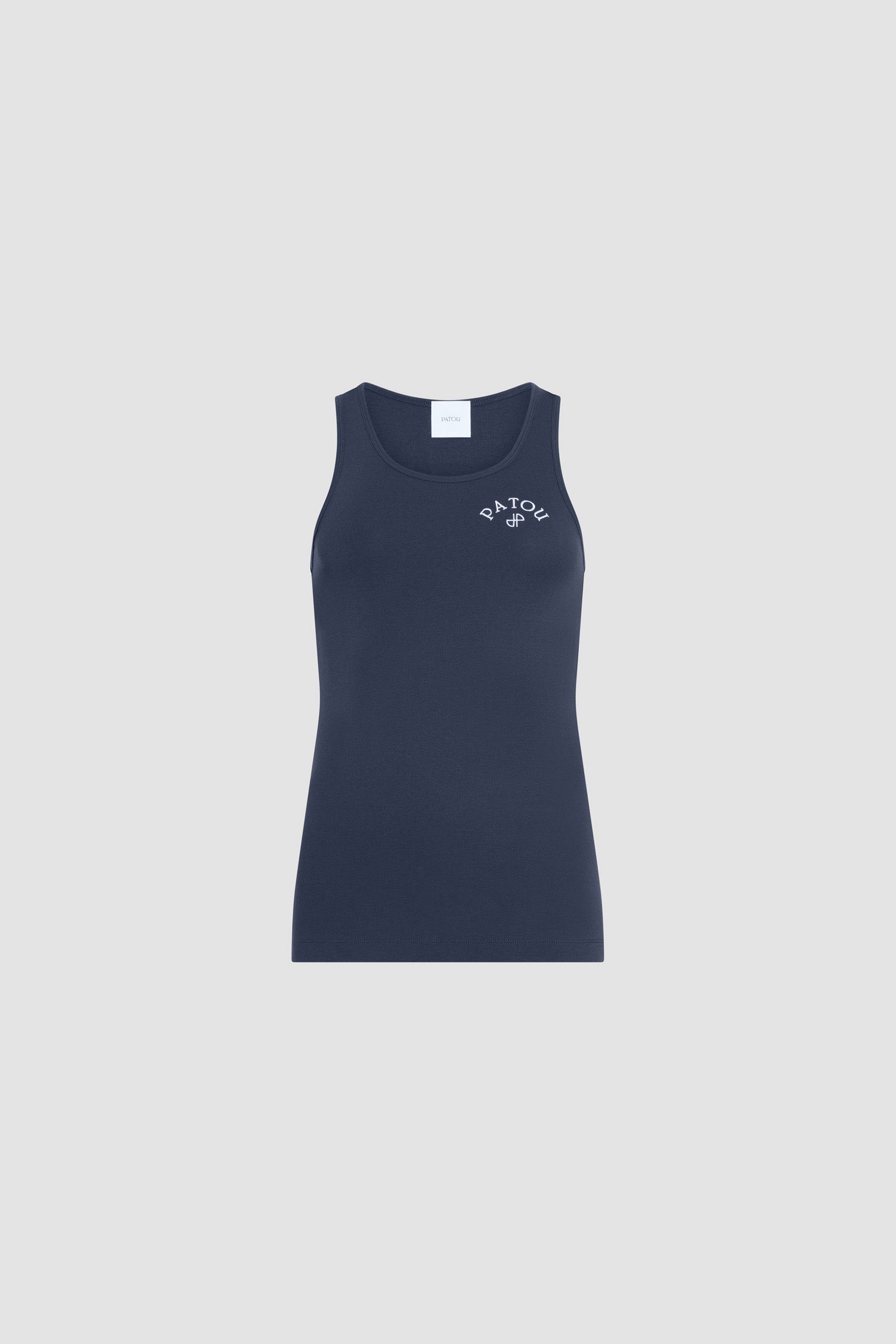Patou - Canotta ricamata in cotone biologico - Deep Sea Blue - Canotta ricamata blu navy. Maglia a coste. Logo Patou ricamato rosa sul davanti.