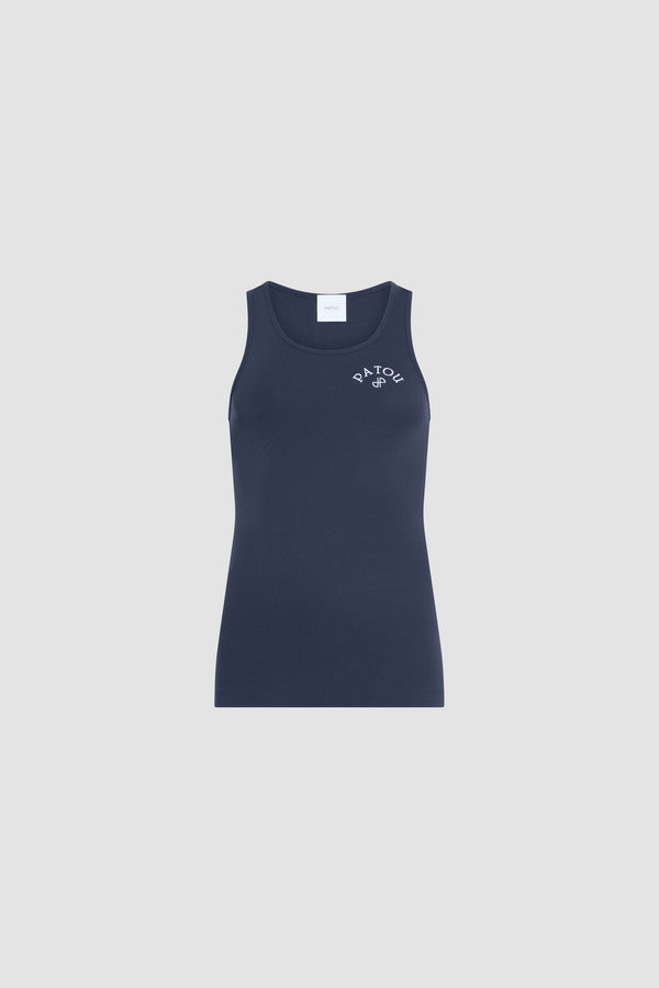 Patou - Organic cotton embroidered tank top - Deep Sea Blue - Navy blue embroidered tank top. Ribbed knit. Pink embroidered Patou logo on the front.