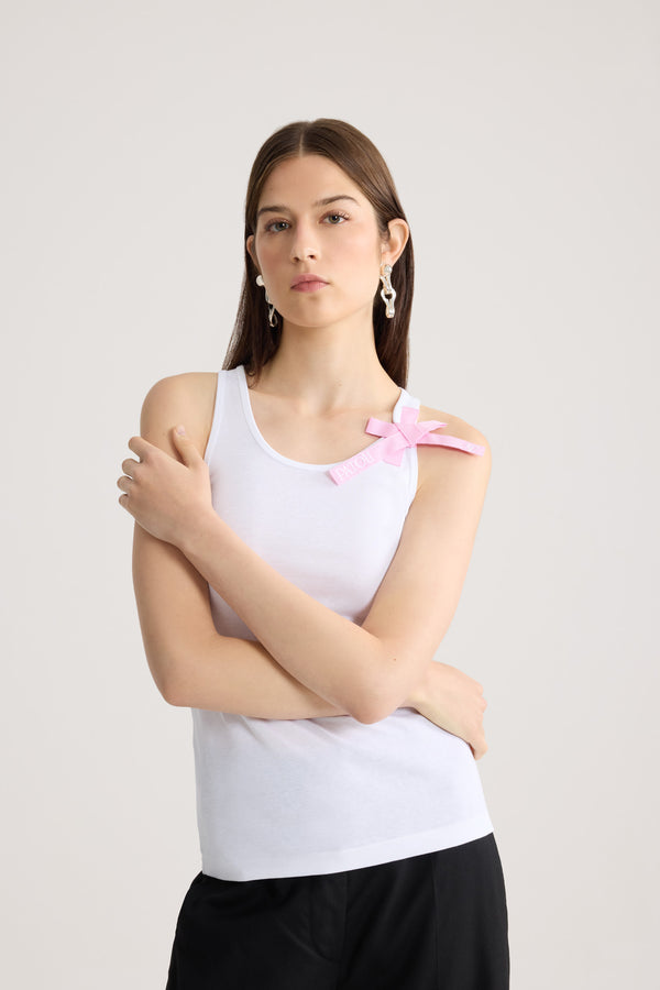 Patou - Organic cotton knot strap tank top - White - White knot strap tank top. Strap with pink knot. Pink embroidered Patou logo on the front.