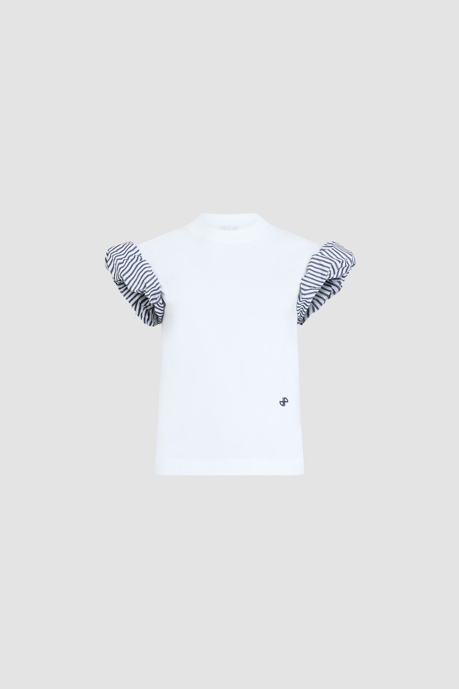 Patou - T-Shirt aus Bio-Baumwolle mit Faille-Ärmeldetails - White - Weißes T-Shirt aus Bio-Baumwolle mit Faille-Details an den Ärmeln, weiß-blau gestreift. Ton-in-Ton gesticktes JP-Logo auf der Vorderseite.