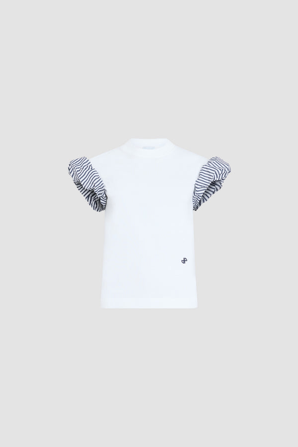 Patou - T-Shirt aus Bio-Baumwolle mit Faille-Ärmeldetails - White - Weißes T-Shirt aus Bio-Baumwolle mit Faille-Details an den Ärmeln, weiß-blau gestreift. Ton-in-Ton gesticktes JP-Logo auf der Vorderseite.