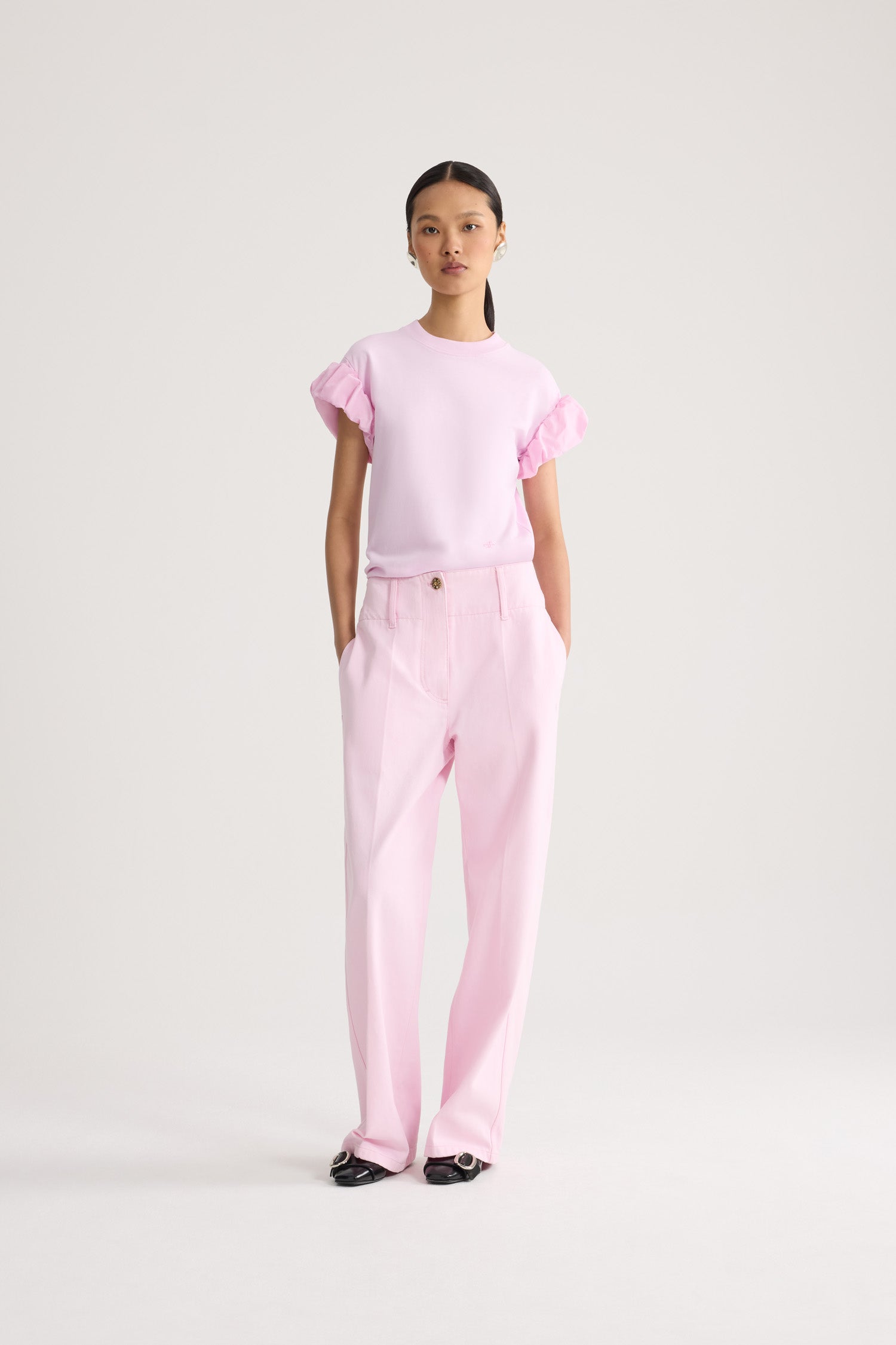 Patou - Organic cotton T-shirt with faille sleeve details - Candy Pink - Pink organic cotton T-shirt with faille details on the sleeves. Tone-on-tone embroidered JP logo on the front.