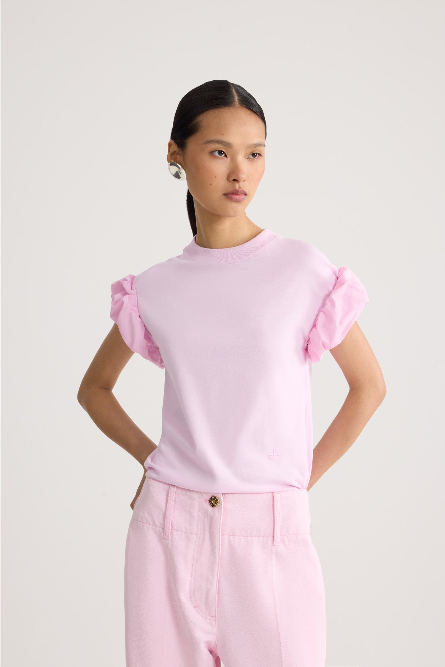 Patou - Organic cotton T-shirt with faille sleeve details - Candy Pink - Pink organic cotton T-shirt with faille details on the sleeves. Tone-on-tone embroidered JP logo on the front.