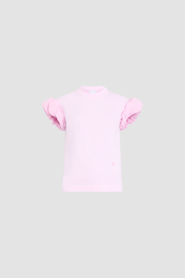 Patou - T-shirt in cotone biologico con dettagli in faille sulle maniche - Candy Pink - T-shirt in cotone biologico rosa con dettagli in faille sulle maniche. Logo JP ricamato tono su tono sul davanti.