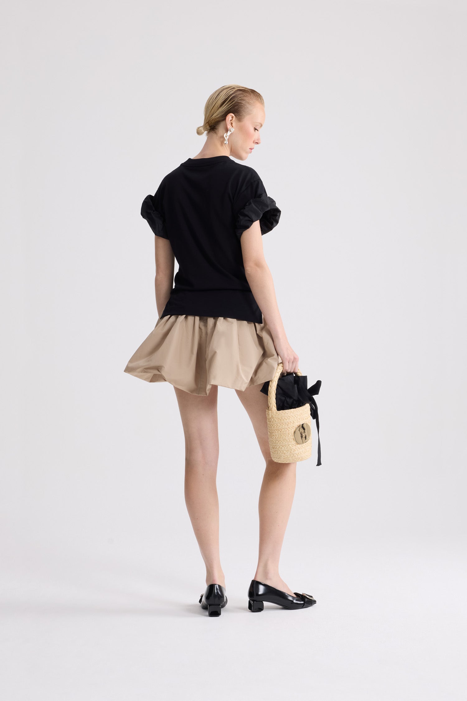 Patou - Organic cotton T-shirt with faille sleeve details - Black - Black organic cotton T-shirt with faille details on the sleeves. Tone-on-tone embroidered JP logo on the front.