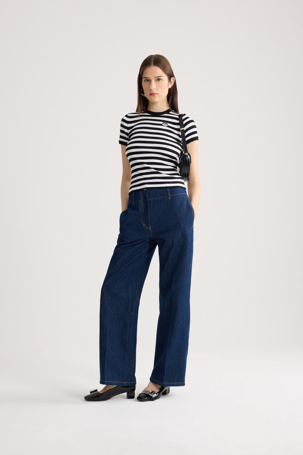 Patou - ストライプコットン リブTシャツ - Black White Stripes - ブラック＆ホワイトカラーのストライプ Tシャツ。コットン混紡素材。半袖。ラウンドカラー。