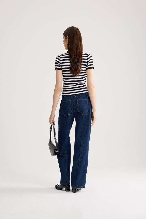 Patou - ストライプコットン リブTシャツ - Black White Stripes - ブラック＆ホワイトカラーのストライプ Tシャツ。コットン混紡素材。半袖。ラウンドカラー。