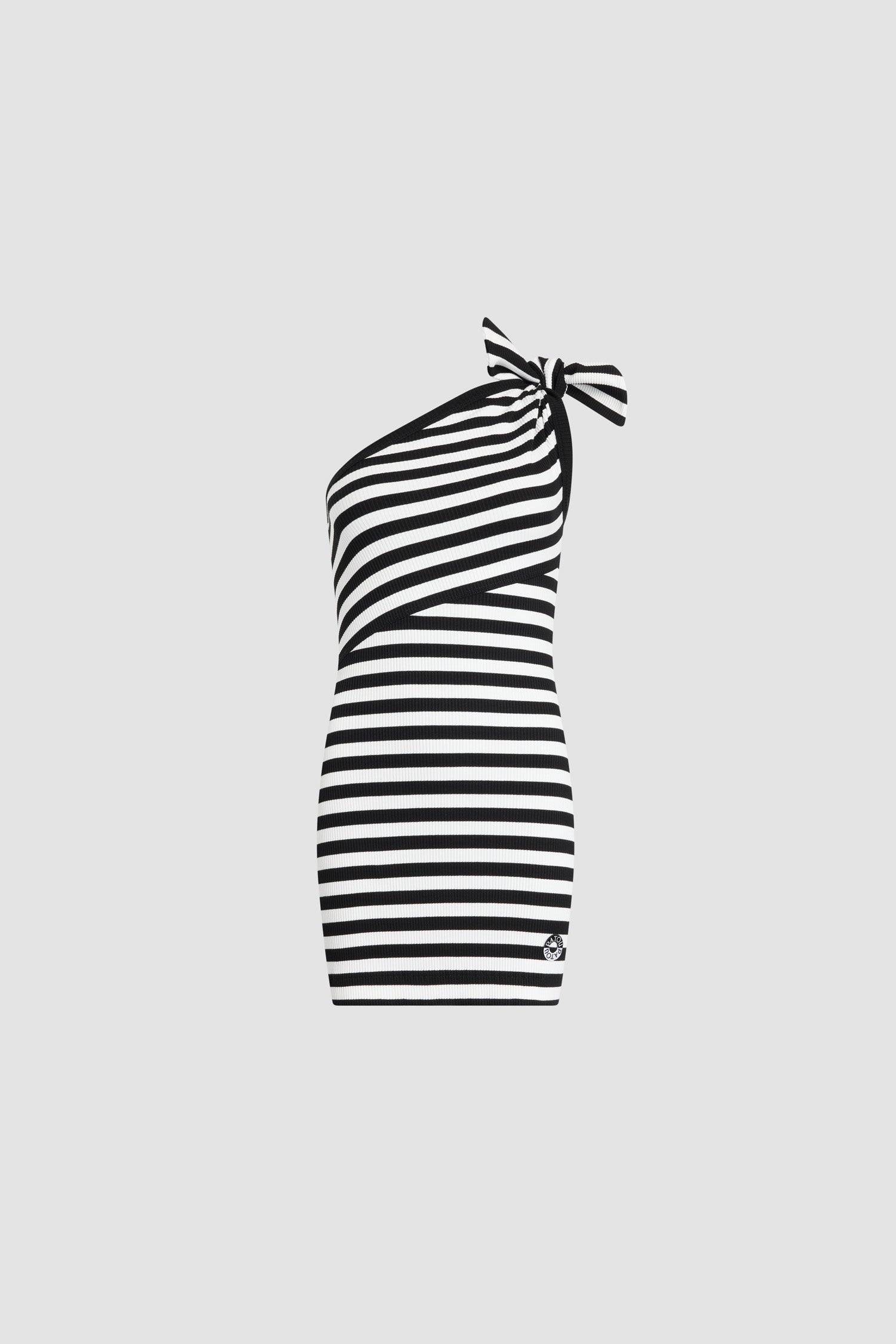 Patou - Abito Corto Asimmetrico a Costine a Righe in Cotone - Black White Stripes - Abito corto a righe nere e bianche. Materiale in misto cotone. Taglio asimmetrico. Nodo sulla spalla.
