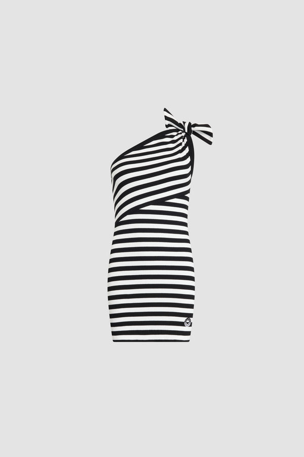 Patou - ストライプコットンリブ アシンメトリック ショートドレス - Black White Stripes - ブラック＆ホワイトカラーのストライプ ショートドレス。コットン混紡素材。アシンメトリックカット。ショルダー位置にノット。