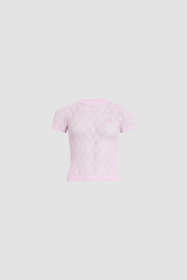 Patou - ポリアミド レース Tシャツ - Pink Parfait - ピンクカラーのTシャツ。ポリアミド素材。半袖。ラウンドカラー。
