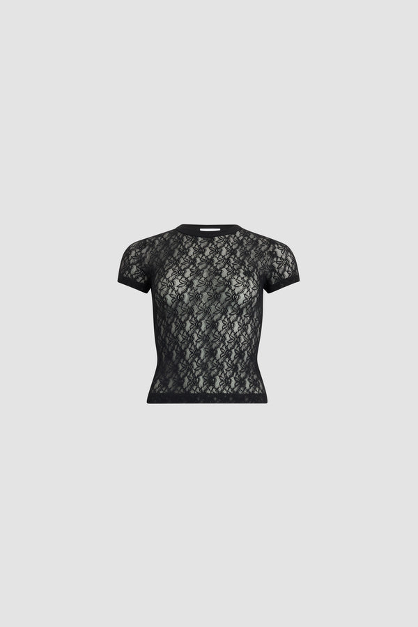 Patou - ポリアミド レース Tシャツ - Black - ブラックカラーのTシャツ。ポリアミド素材。半袖。ラウンドカラー。