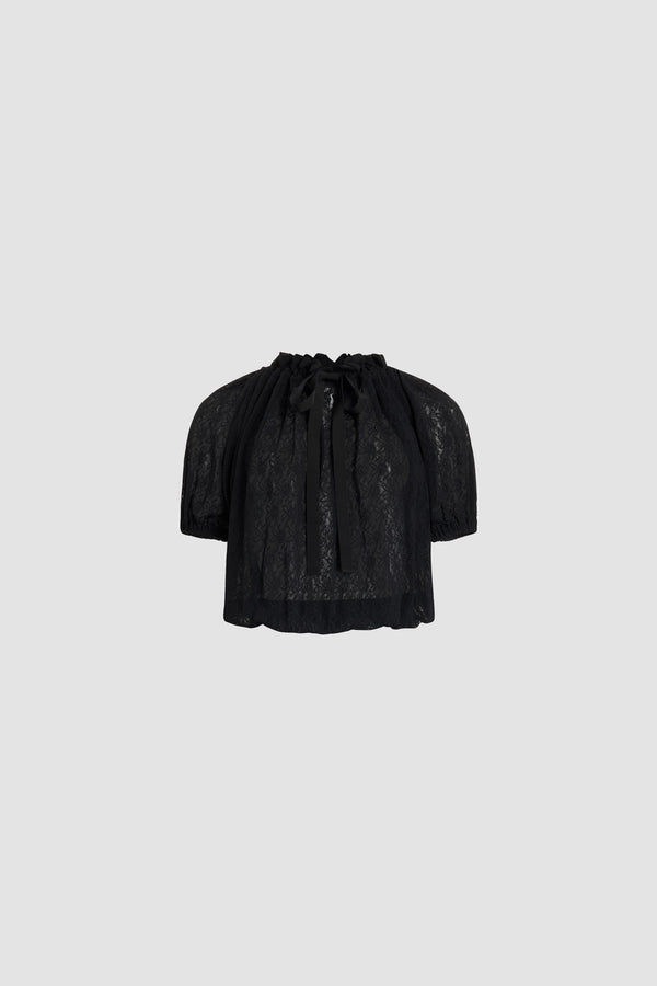 Patou - Top voluminoso in pizzo di poliammide - Black - Top voluminoso in pizzo nero. Collo alto. Maniche corte. Coulisse in grosgrain.