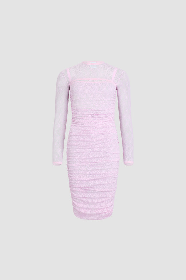 Patou - 핑크 레이스 트윈셋 미니 드레스, 분리형 탑. 긴 소매. 시스 실루엣. - Pink Parfait - Pink lace twinset mini dress with detachable top. Long sleeves. Sheath silhouette.