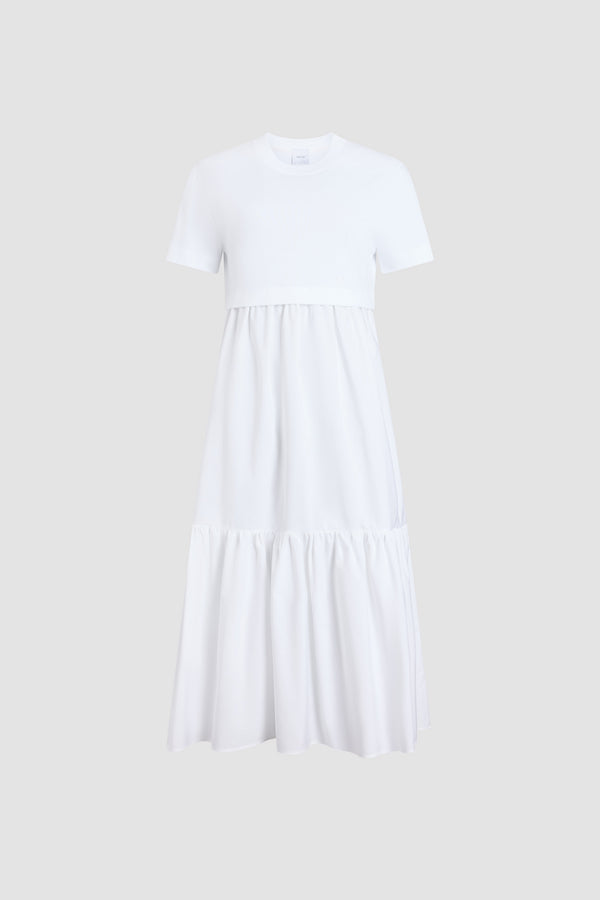 Patou - Abito Midi Volume Popeline in Cotone Biologico - White - Abito midi bianco. Materiale in cotone biologico. Parte superiore a t-shirt. Gonna a volume in popeline.
