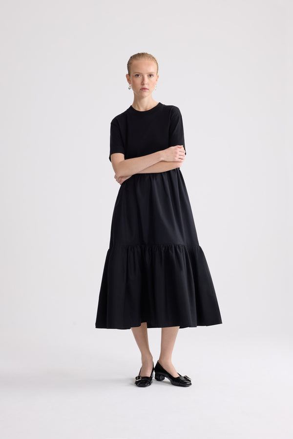 Patou - Organic Cotton Poplin Volume Midi Dress - Black - Black midi dress. Organic cotton material. T-shirt top. Poplin volume skirt.