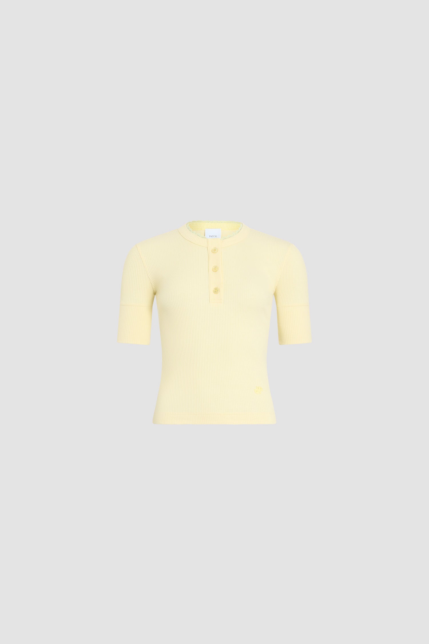 Patou - T-shirt a costine abbottonata in misto cotone biologico - Limelight - T-shirt a costine abbottonata gialla. Maniche corte. Collo rotondo.