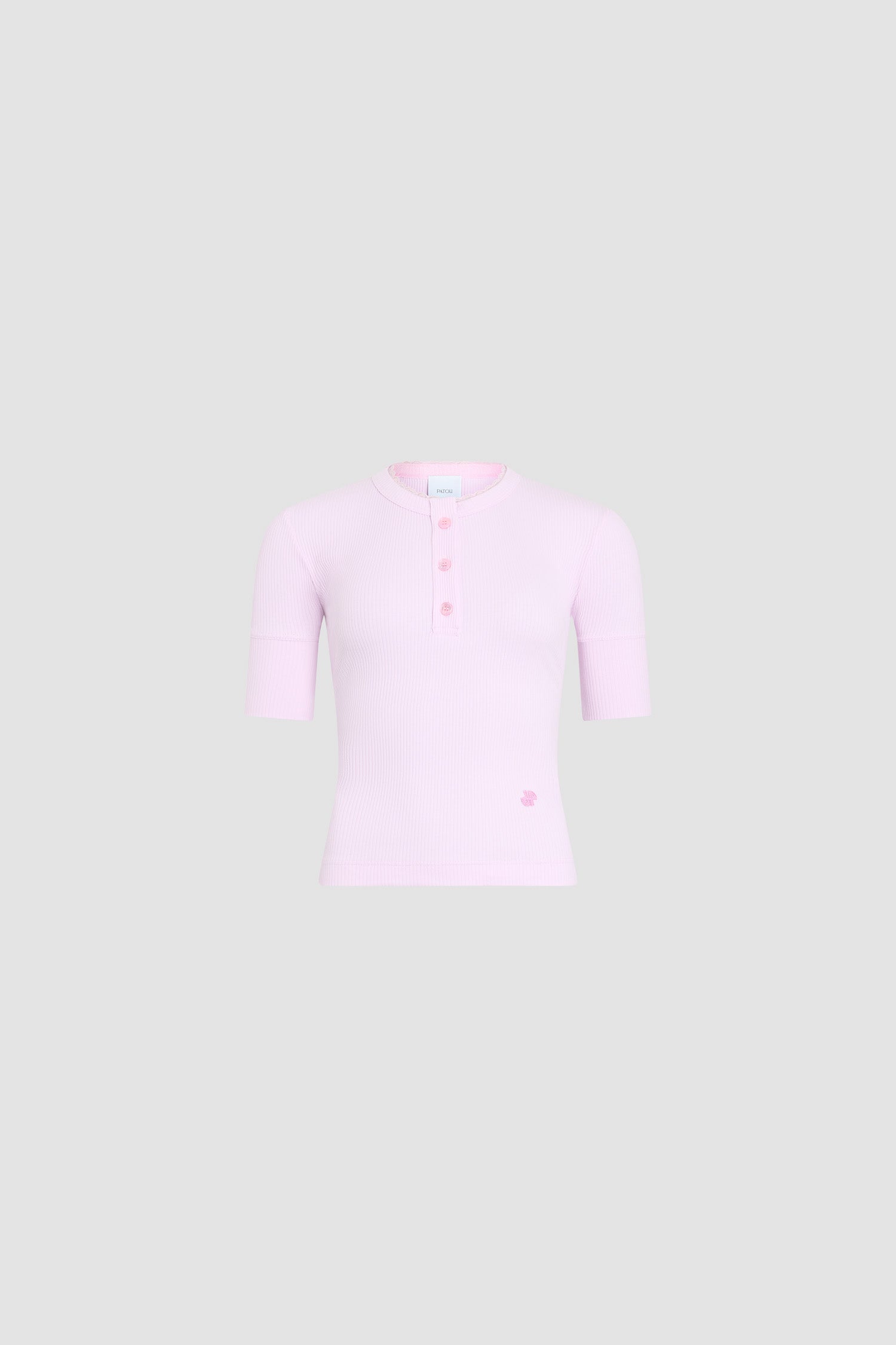 Patou - Buttoned ribbed organic cotton blend T-shirt - Pink Parfait - Pink buttoned ribbed T-shirt. Short sleeves. Round neck.