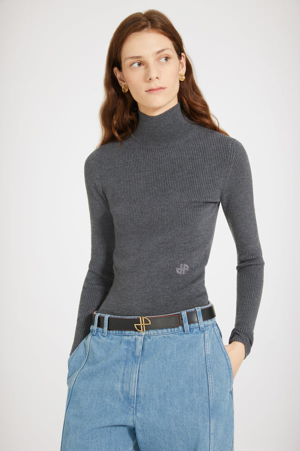Patou - Ribbed high neck jumper in sustainable wool blend