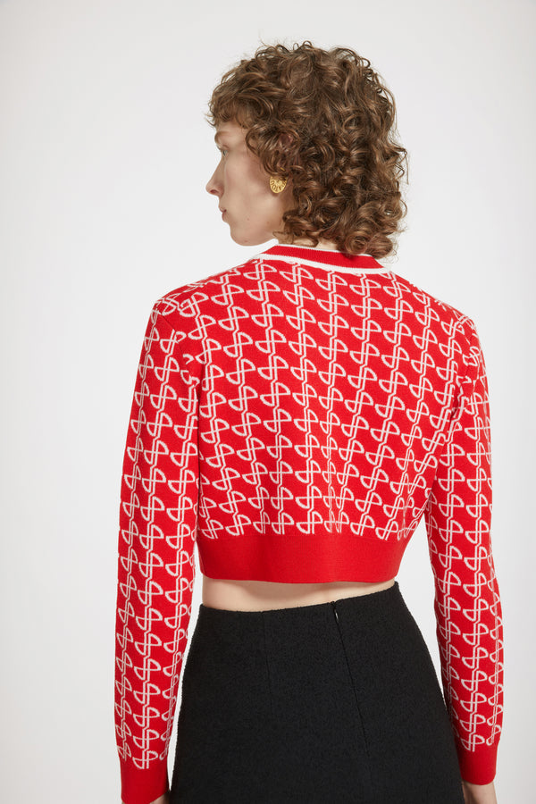 Patou - 지속 가능한 울 자카드 소재의 크롭 점퍼 - Jacquard Red - 크롭 니트와 하이 웨이스트가 돋보이는 완벽한 파투의 실루엣.레드 울 점퍼. 올오버 JP 자카드 패턴. 크롭 기장 실루엣. 화이트 디테일의 크루넥. 리브 디테일 칼라, 커프스 및 헴.