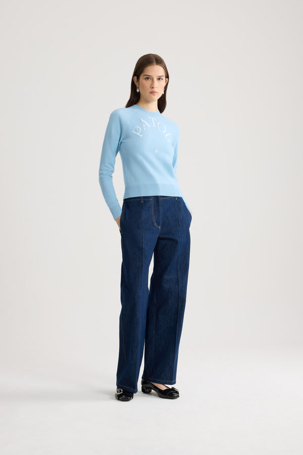 Patou - Blended Wool Long Sleeve Jacquard Sweater - Riviera Blue - Sky blue blended wool jacquard sweater. White Patou logo. Fitted cut. Round neck.