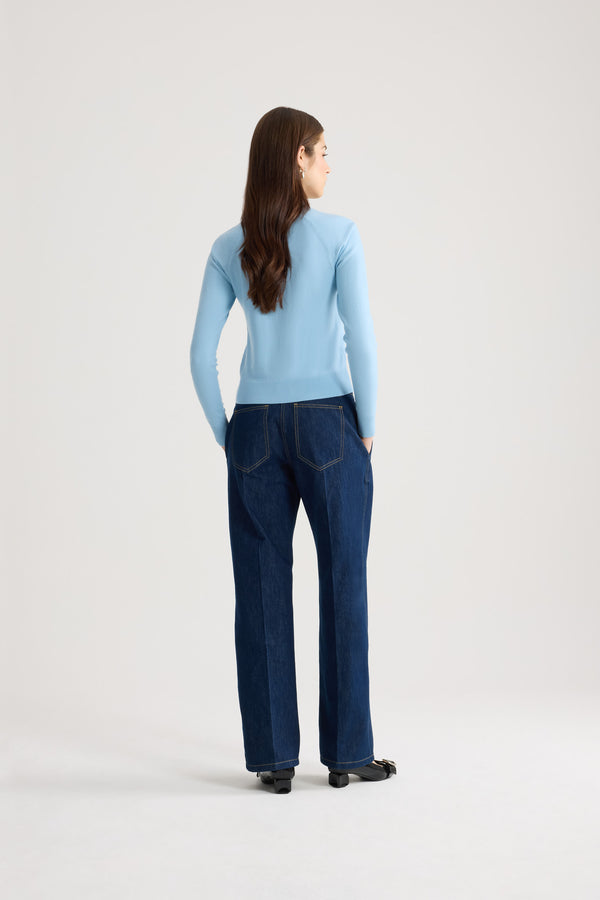 Patou - Blended Wool Long Sleeve Jacquard Sweater - Riviera Blue - Sky blue blended wool jacquard sweater. White Patou logo. Fitted cut. Round neck.