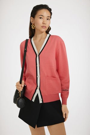 Contrast collar cardigan in cotton and wool