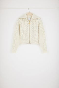 Mixed cable knit zip-up cardigan in wool and cashmere