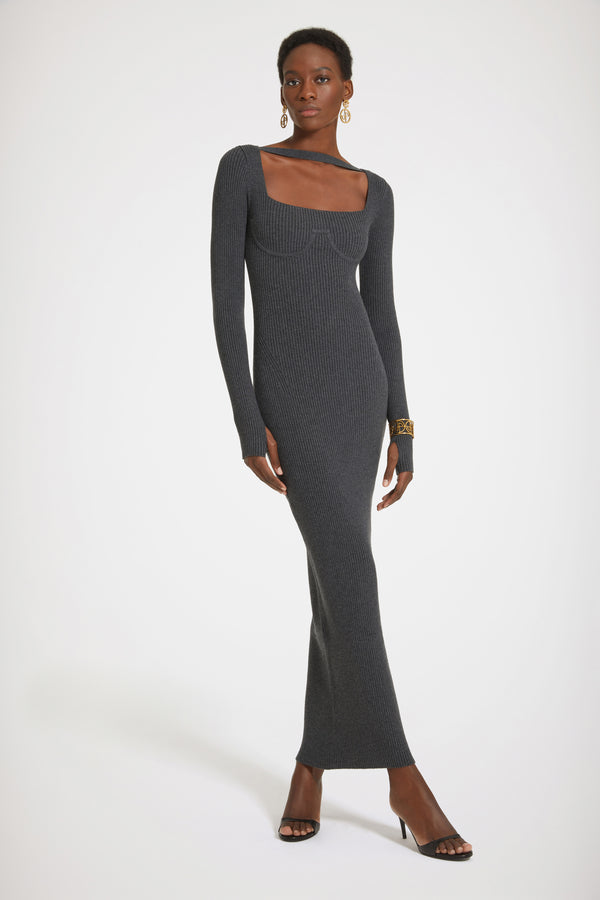 Patou - Ribbed corset maxi dress in sustainable wool blend