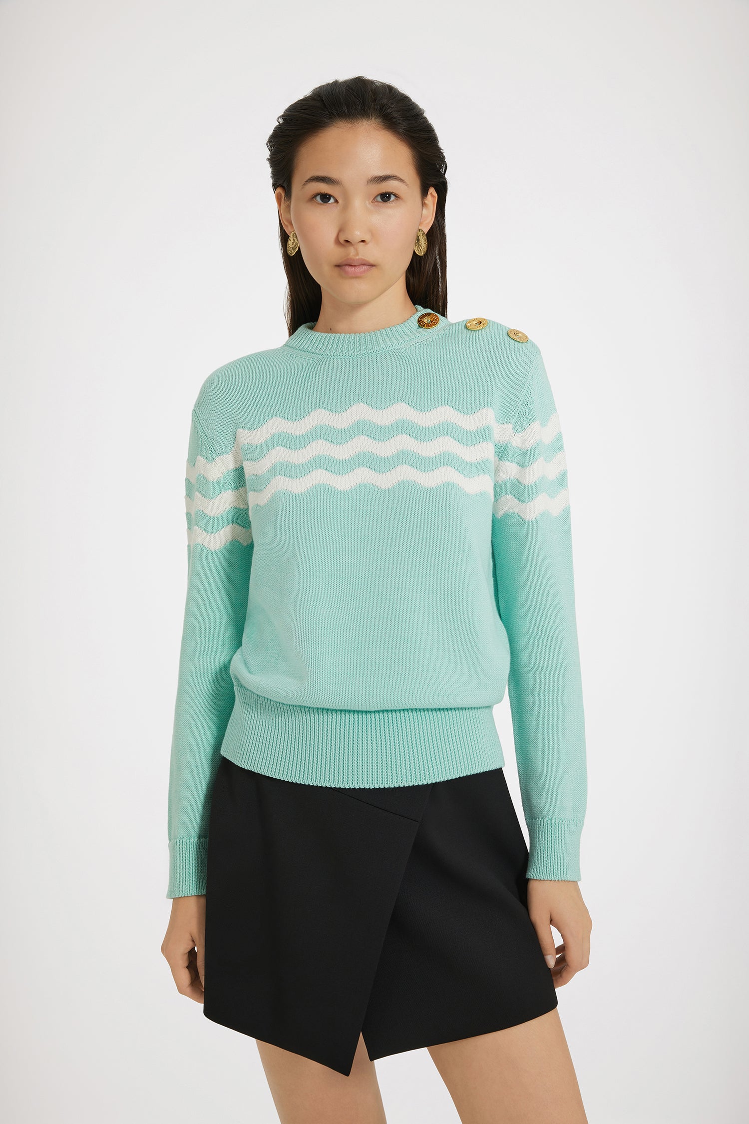 Patou - Wave jumper in cotton and Merino wool - Water Green - A Breton jumper with a twist.Water green cotton and Merino wool jumper. Regular fit. Round neck. Ribbed collar, cuffs and hem. Gold-tone Patou-engraved buttons on the shoulder. Wave jacquard pattern across the front, back and sleeves.