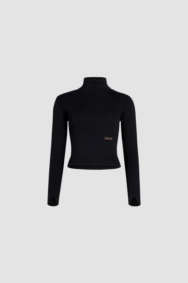 Patou - サステナブルウール＆カシミヤ リブ タートルネック セーター - Black - ブラックのサステナブルウール＆カシミヤ製セーター。ミックスリブ。タートルネック。前面にPatouジャカードラベル。袖口にV字カットアウト。フィットスタイル。