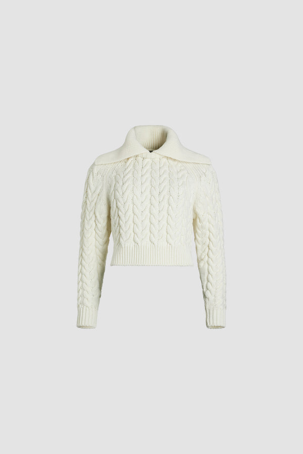 Patou - Maglione intrecciato in lana ecosostenibile - White - Maglione in lana ecosostenibile bianca. Maglia intrecciata. Largo collo in stile vareuse. Collo, polsini e orlo a costine.Questo modello è leggermente corto.