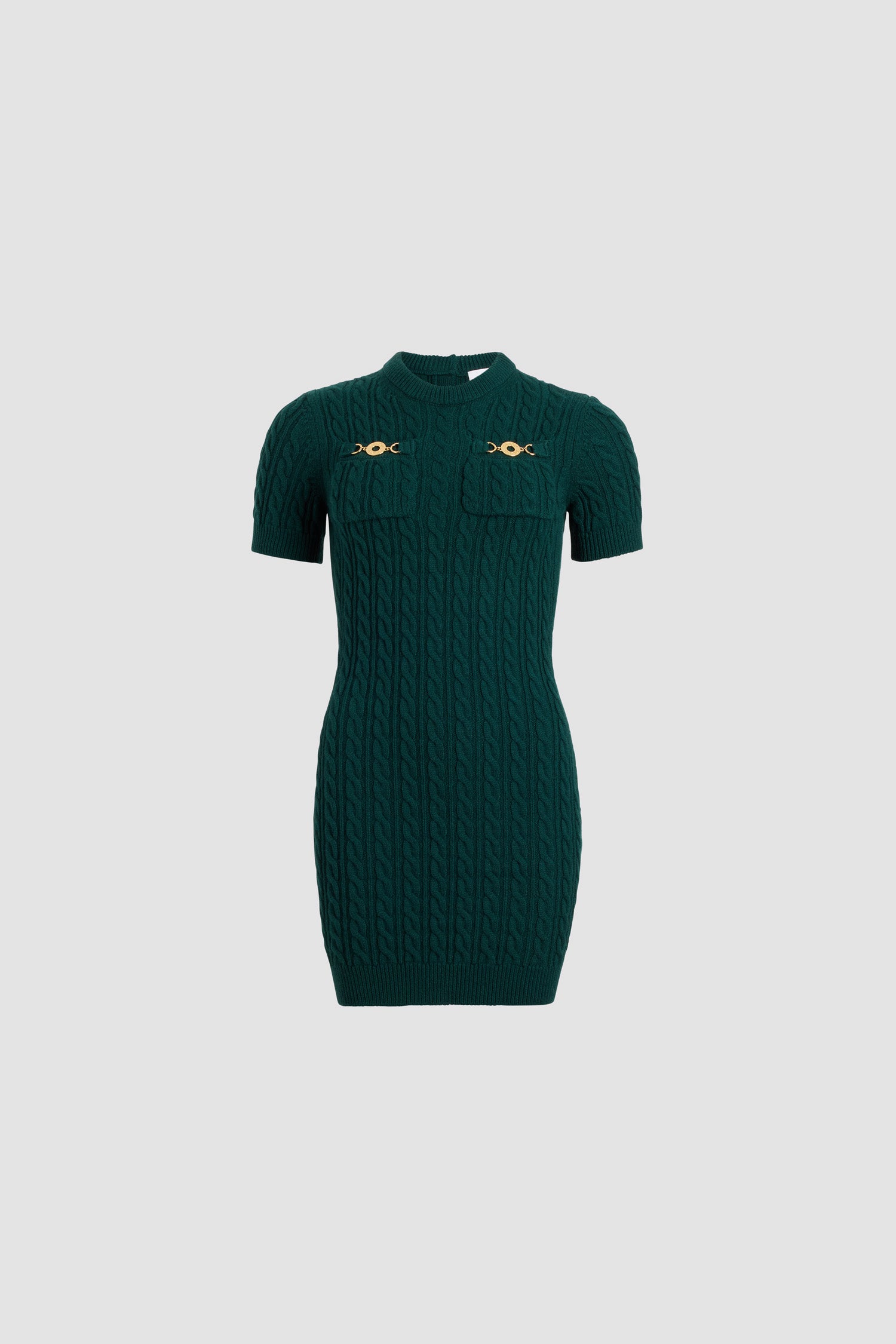 Patou - Cable mini dress in wool and cashmere - Imperial Green - Imperial Green Merino wool and cashmere dress. Cable stitch. Short length. Fitted silhouette. Round neck. Two chest pockets with gold-tone Patou logo-engraved medallion embellishments. Ribbed collar, cuffs and hem.