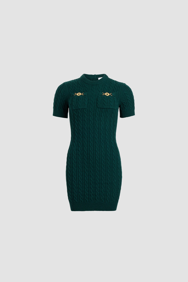Patou - Cable mini dress in wool and cashmere - Imperial Green - Imperial Green Merino wool and cashmere dress. Cable stitch. Short length. Fitted silhouette. Round neck. Two chest pockets with gold-tone Patou logo-engraved medallion embellishments. Ribbed collar, cuffs and hem.