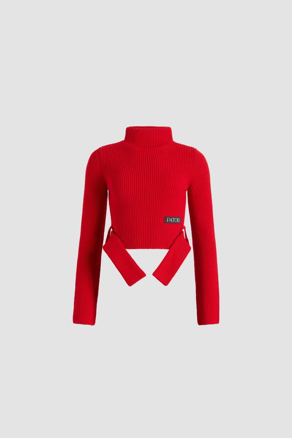 Patou - Maglione corto con cintura in lana e cashmere - Elixir Red - Maglione in lana merino e cashmere Elixir Red. Maglia a costine. Modello corto. Collo a lupetto. Cintura morbida in vita. Etichetta con logo Patou sul davanti.